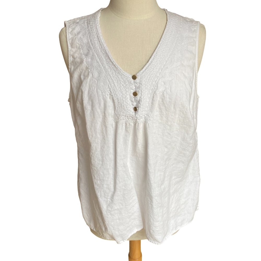 Cynthia Rowley Linen Sleeveless Embroidered Tank Top White Boho Cottage-1X